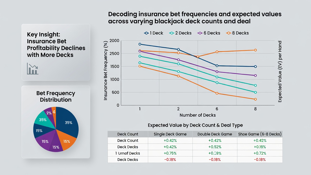 Graph illustrating expected values of insurance bets under varying dealer upcard conditions and deck counts